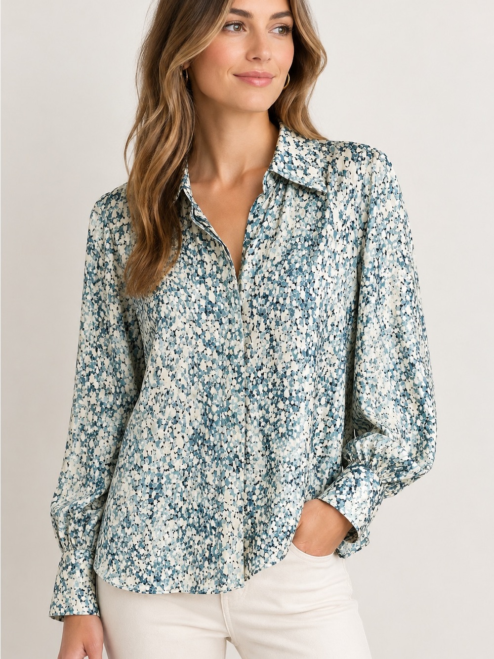 COS Printed Voluminous Gathers Button Down Blouse Size 12 Blue Green